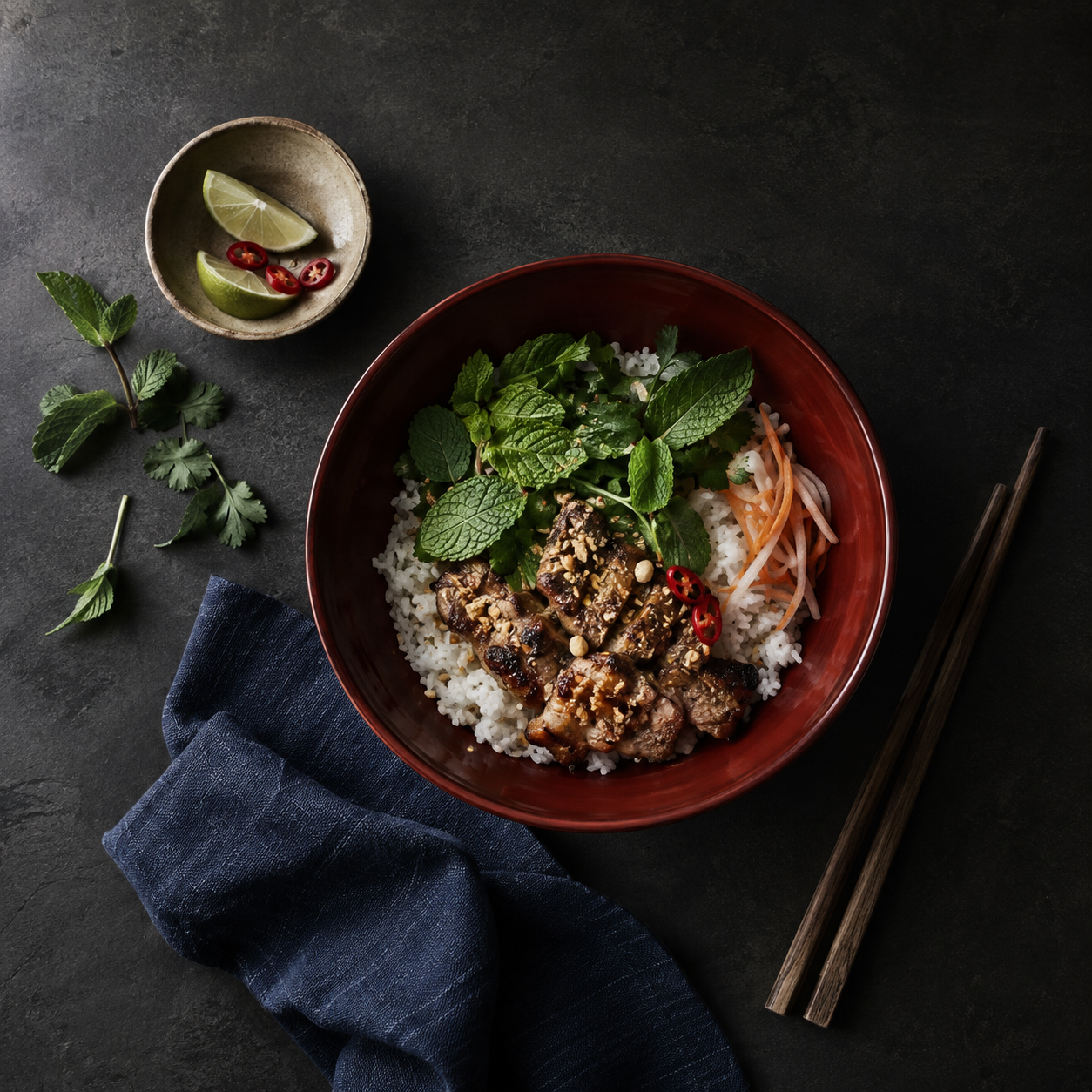 A Vietnamese rice bowl with grilled meat and fresh herbs